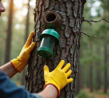 Personne posant une trappe à chenilles sur un pin dans la forêt