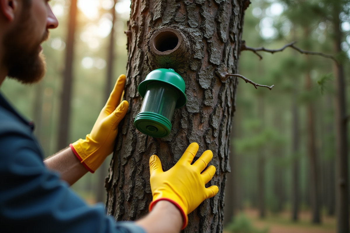 Personne posant une trappe à chenilles sur un pin dans la forêt
