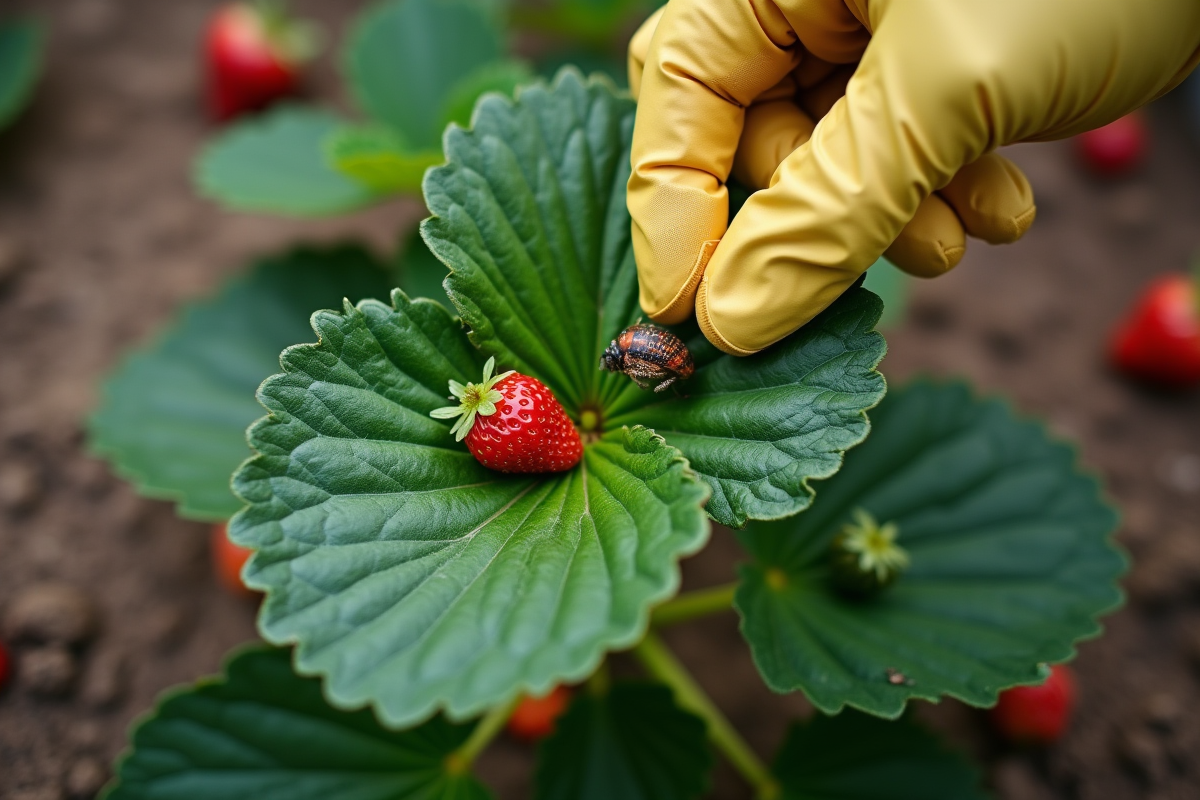 Main gantée levant une feuille de fraise pour voir des nuisibles