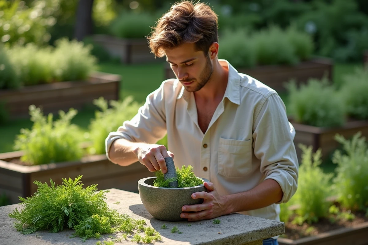 Jeune homme préparant une tisane de dille dans un jardin