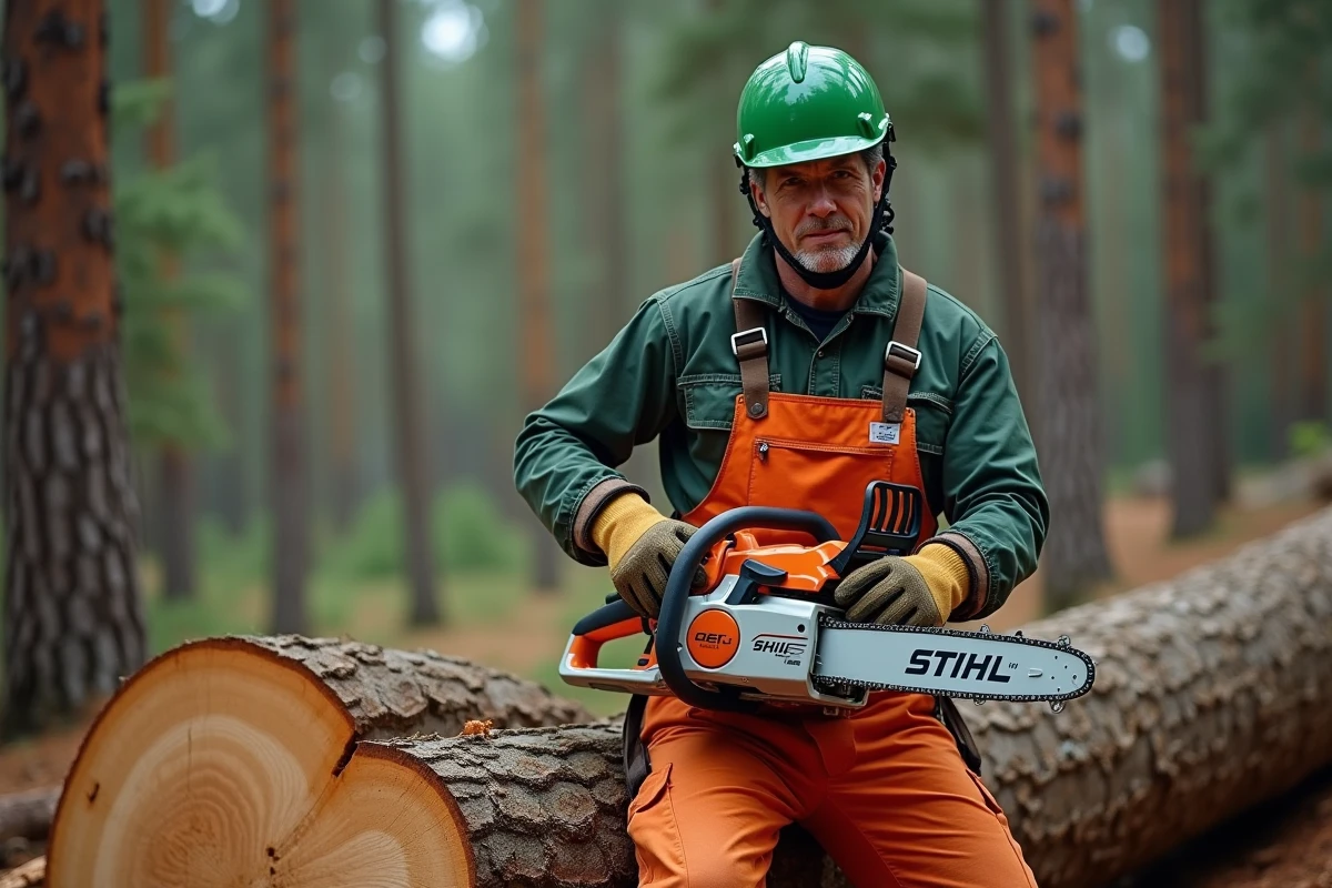 Professionnel forestier tenant une tronçonneuse STIHL MS 211 en forêt de pins avec équipement de protection complet