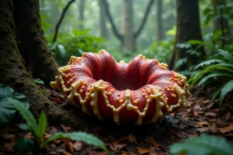 Fleur de Rafflesia arnoldii en pleine floraison sur le sol de la forêt tropicale de Sumatra, entourée de racines et de feuillage dense