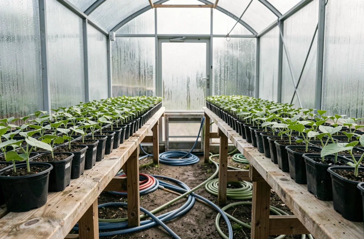 Rangées de jeunes plants de melon en godets dans une serre de propagation à stade de semis précoce
