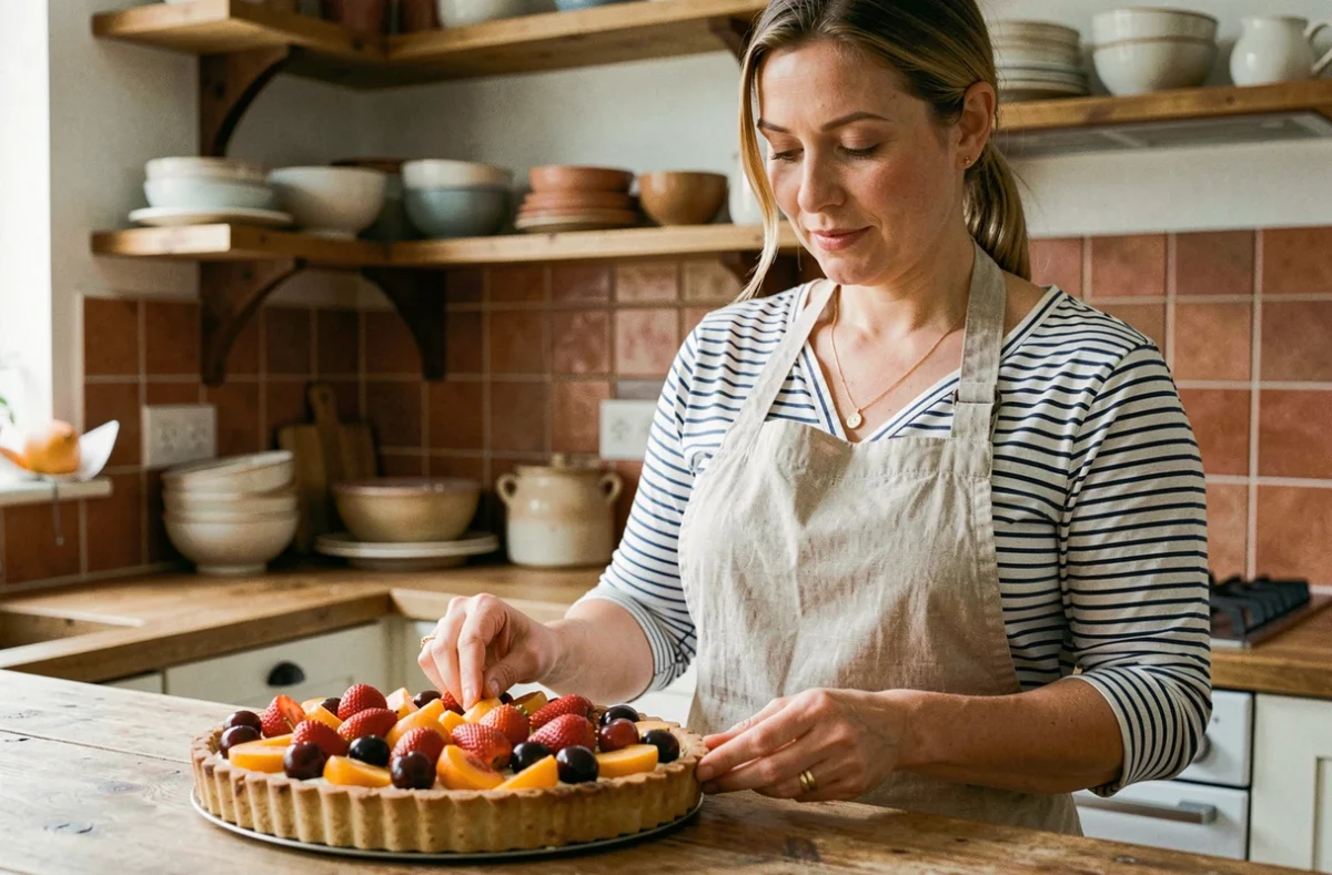 Femme préparant une tarte aux fruits de saison de juin avec fraises, cerises et abricots dans une cuisine rustique
