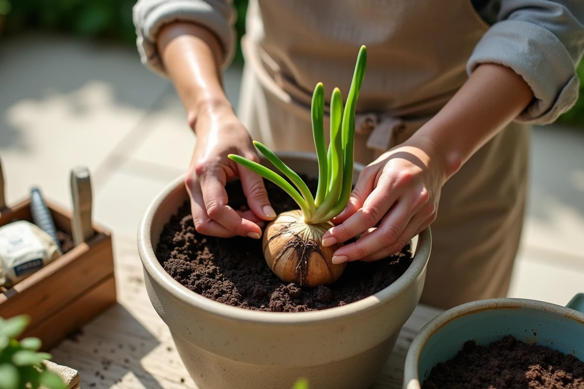 Mains de jardinière rempotant un bulbe de lys oriental dans un pot en céramique sur une terrasse ensoleillée