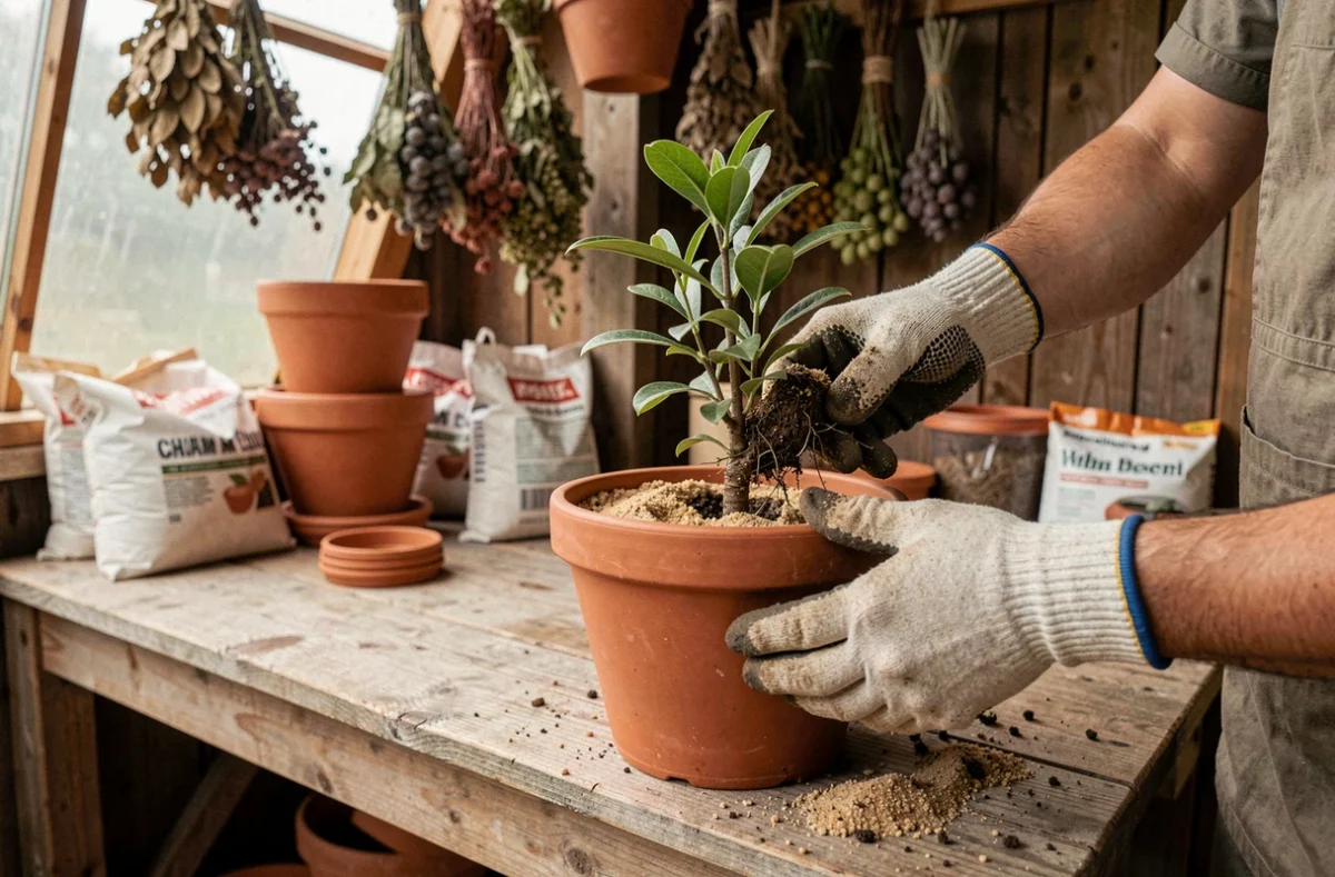 Rempotage d'un jeune plant de Chamelaucium Geraldton Wax dans un pot en terre cuite par des mains gantées