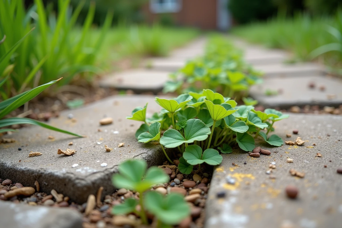 Mauvaises herbes repoussant sur une allée de jardin après traitement au désherbant radikal inefficace