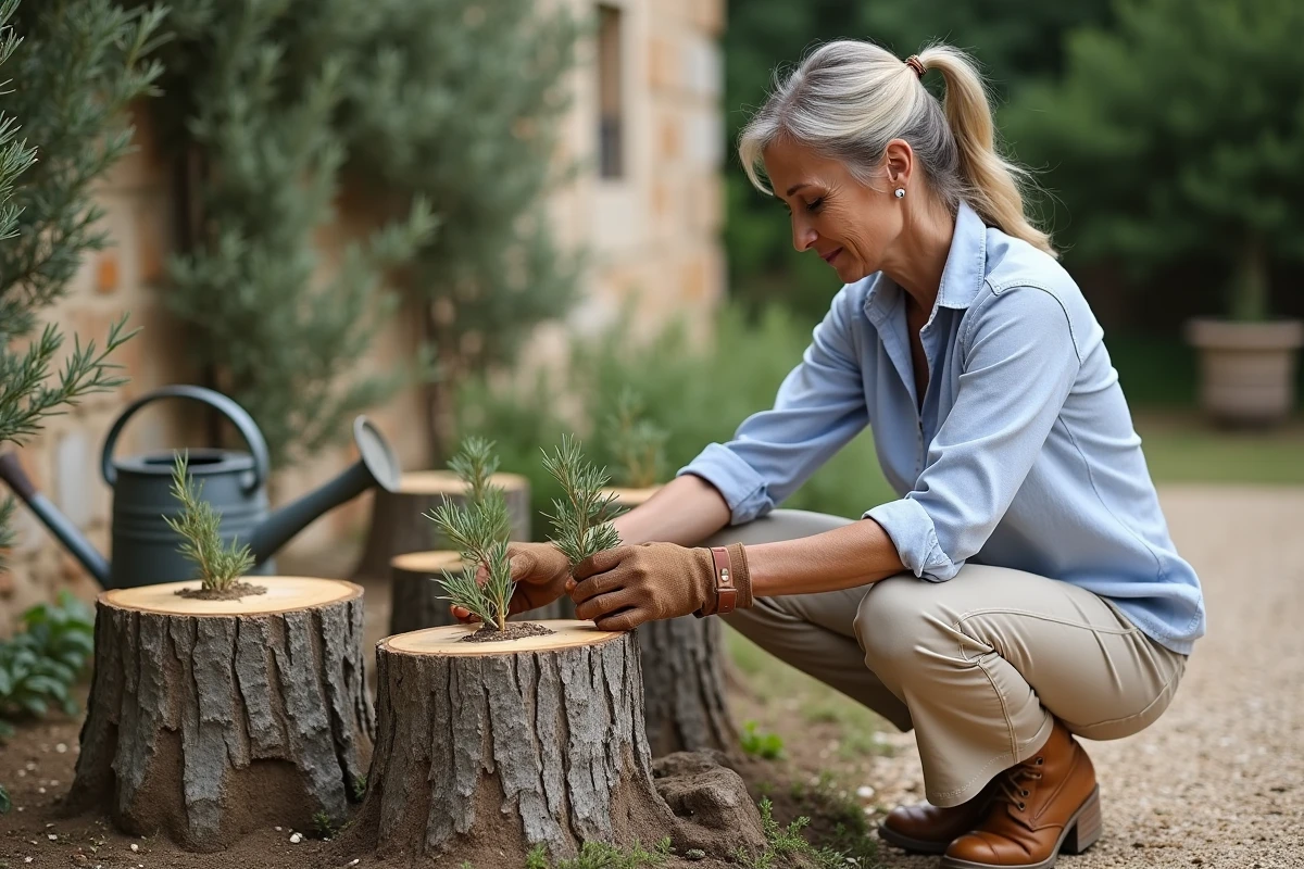 Femme observant les repousses d'un olivier après taille sévère de rajeunissement dans un jardin provençal