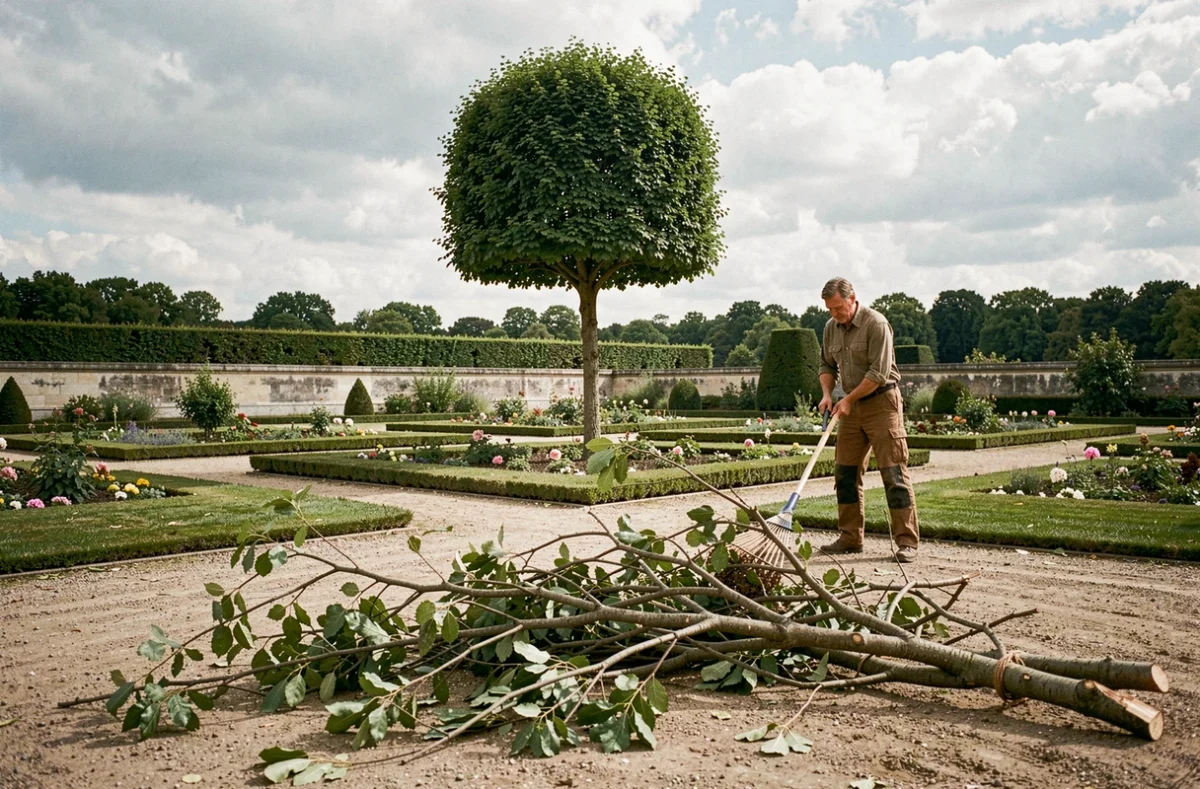 Jardin privé à Versailles après un élagage avec un jardinier ramassant les branches taillées