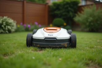 Robot tondeuse Kress en action sur une pelouse irrégulière avec des zones abîmées dans un jardin de banlieue