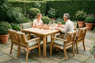 Salon de jardin en teck certifié FSC avec table rectangulaire et six fauteuils sur terrasse en pierre naturelle entourée de végétation