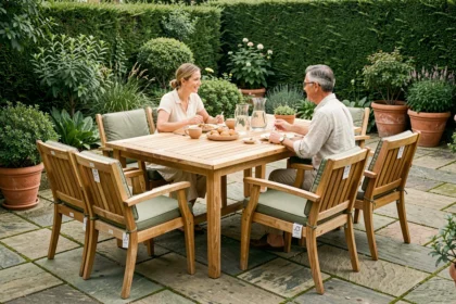 Salon de jardin en teck certifié FSC avec table rectangulaire et six fauteuils sur terrasse en pierre naturelle entourée de végétation