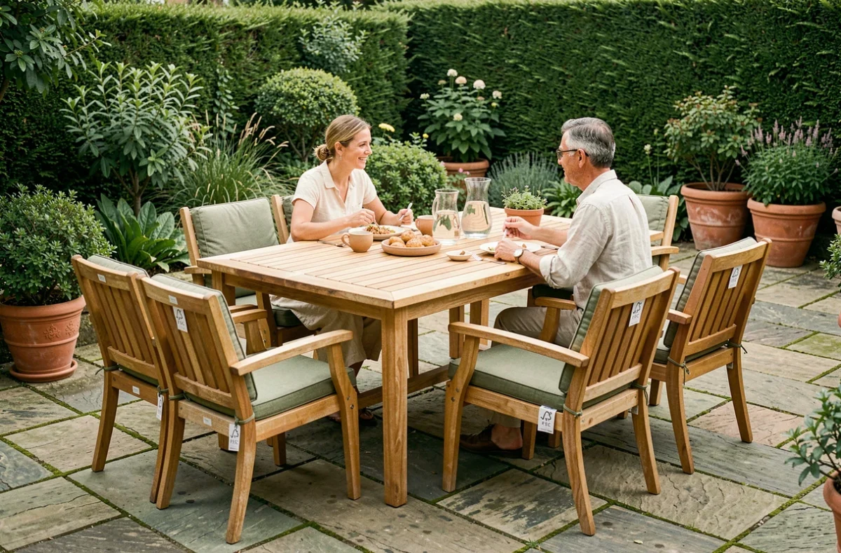 Salon de jardin en teck certifié FSC avec table rectangulaire et six fauteuils sur terrasse en pierre naturelle entourée de végétation