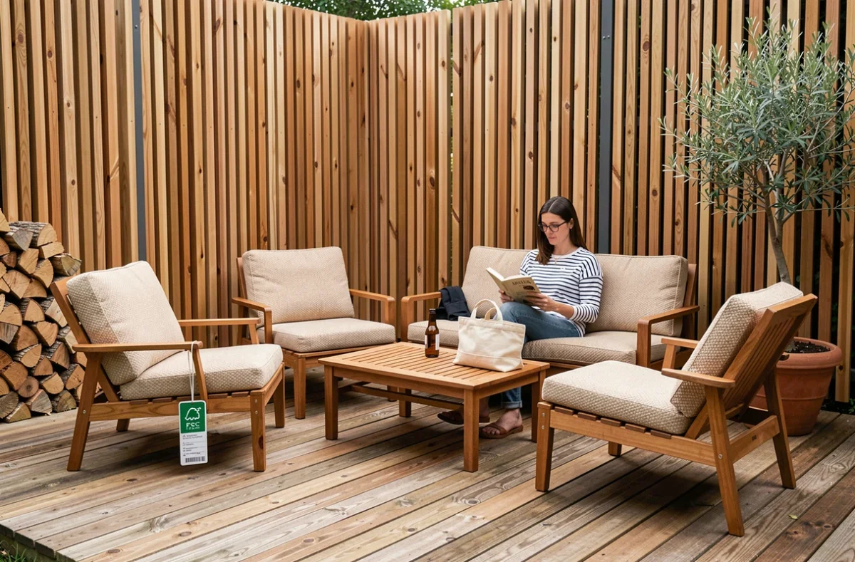 Salon de jardin teck FSC avec canapé et fauteuils lounge sur terrasse en bois recyclé dans un jardin contemporain écoresponsable