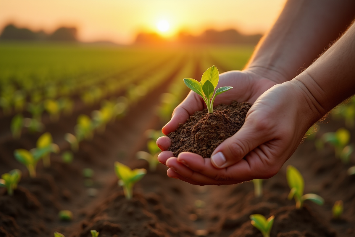 Sol fertile avec jeunes pousses et mains dans la terre