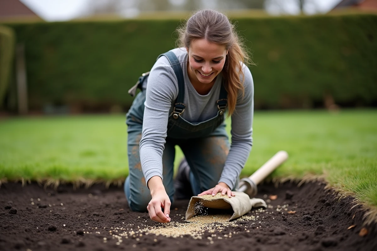 Femme effectuant un sursemis de gazon en répandant des graines à la main sur une section de pelouse préparée en automne