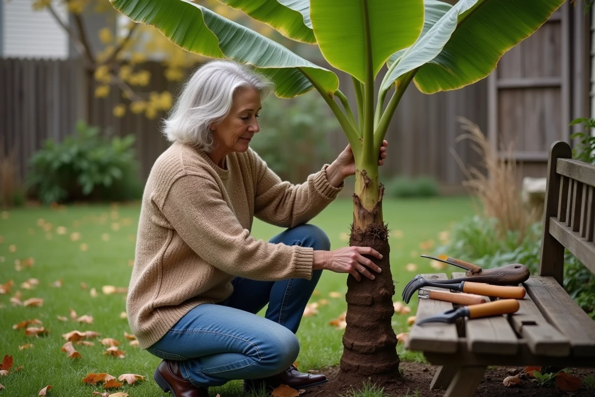 Femme taillant un bananier dans un jardin automnal