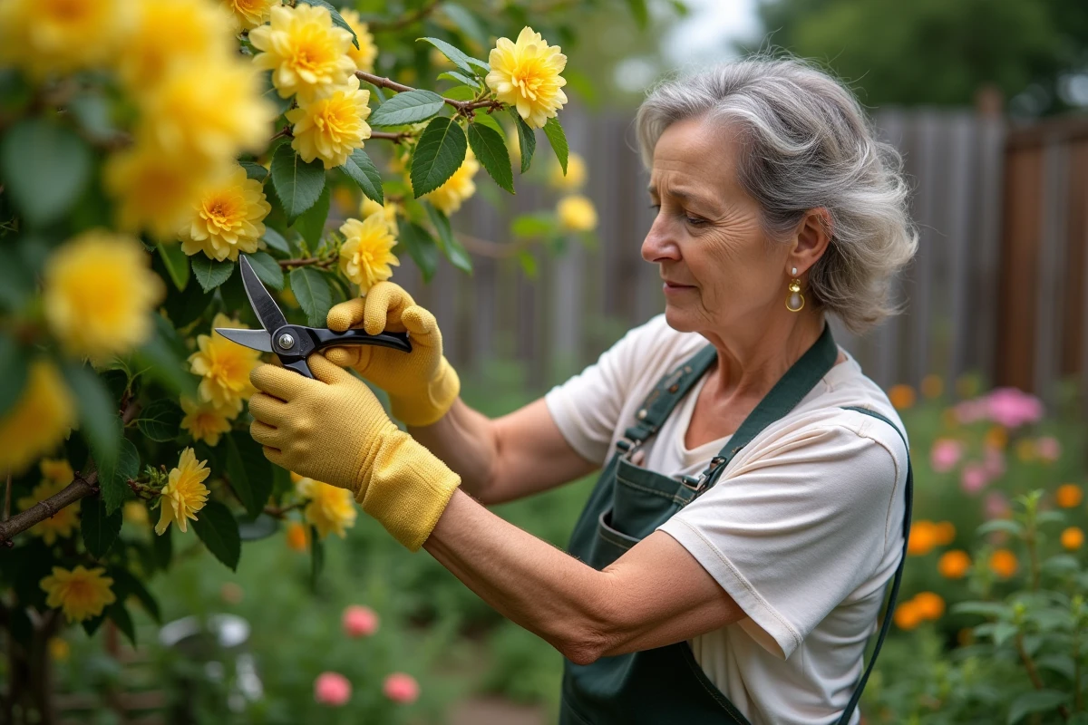 Femme en jardinage taillant un mimosa mature