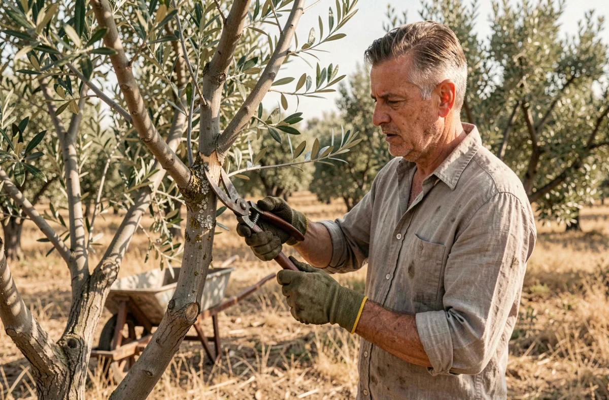 Jardinier taillant un olivier atteint de cochenilles dans un verger méditerranéen avec sécateur