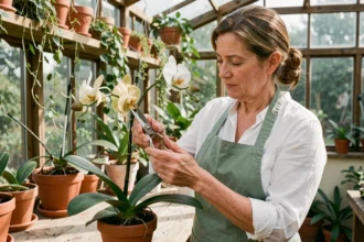 Femme taillant une tige d'orchidée fanée avec des ciseaux de jardinage propres sur un établi en bois, dans une serre domestique lumineuse