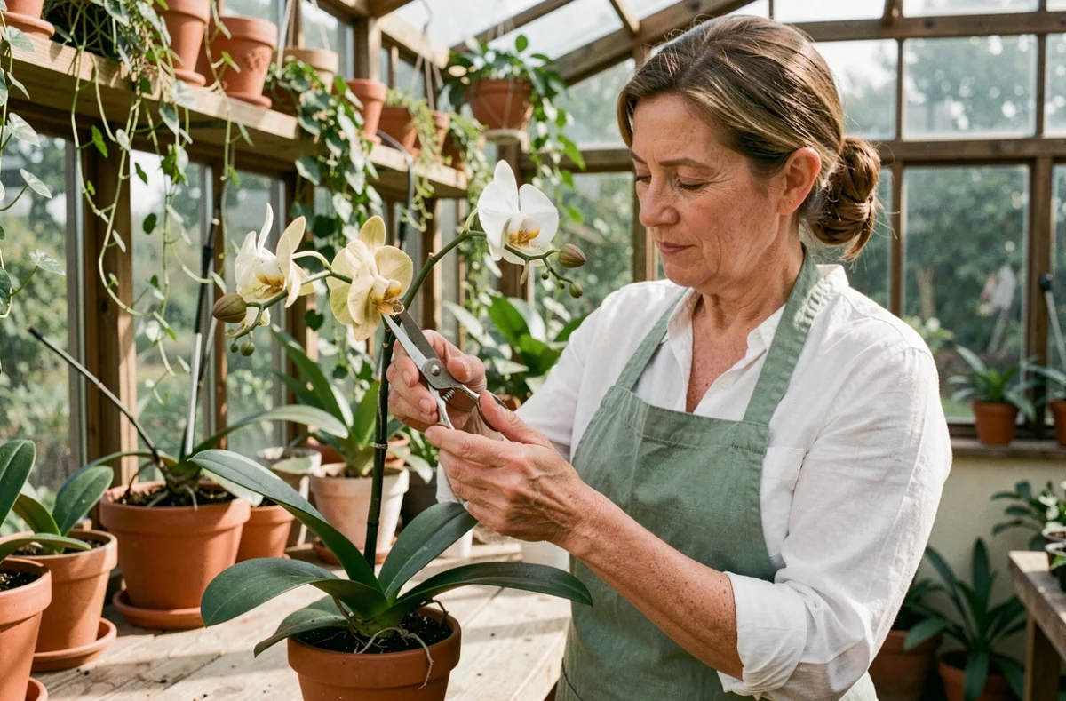 Femme taillant une tige d'orchidée fanée avec des ciseaux de jardinage propres sur un établi en bois, dans une serre domestique lumineuse