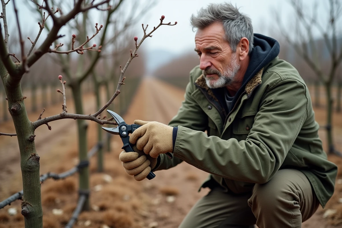 Jardinier taillant un pêcher de vigne en hiver avec un sécateur dans un verger traditionnel