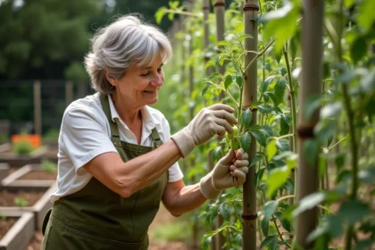 Femme qui taille une gourmande sur un pied de tomate indéterminée dans un potager avec des carrés en bois
