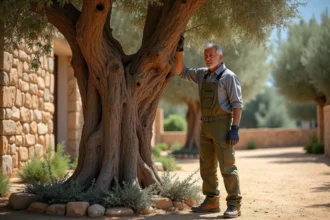 Homme taillant sévèrement un olivier dans un jardin méditerranéen, tronc et branches maîtresses exposés après coupe
