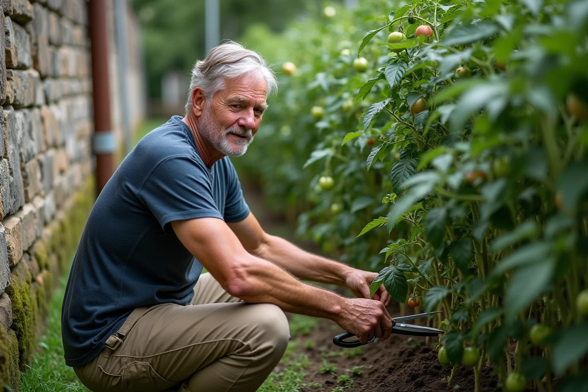 Homme qui taille des pieds de tomates déterminées au sécateur dans un potager traditionnel avec un mur en pierre