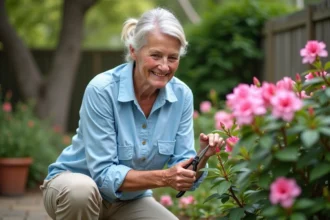 Femme taillant une azalée en jardin avec des ciseaux