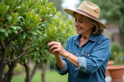 Femme en jardinage taillant un mimosa dans un jardin