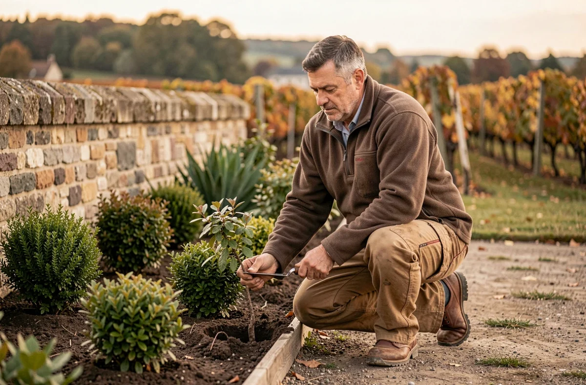 Un paysagiste de Tardy Paysages plante des arbustes ornementaux dans un jardin en bordure de vignes près de Reims