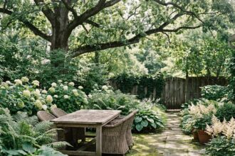 Terrasse ombragée aménagée avec mobilier en teck et plantes de sous-bois comme fougères et hortensias blancs dans un jardin peu ensoleillé