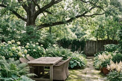 Terrasse ombragée aménagée avec mobilier en teck et plantes de sous-bois comme fougères et hortensias blancs dans un jardin peu ensoleillé