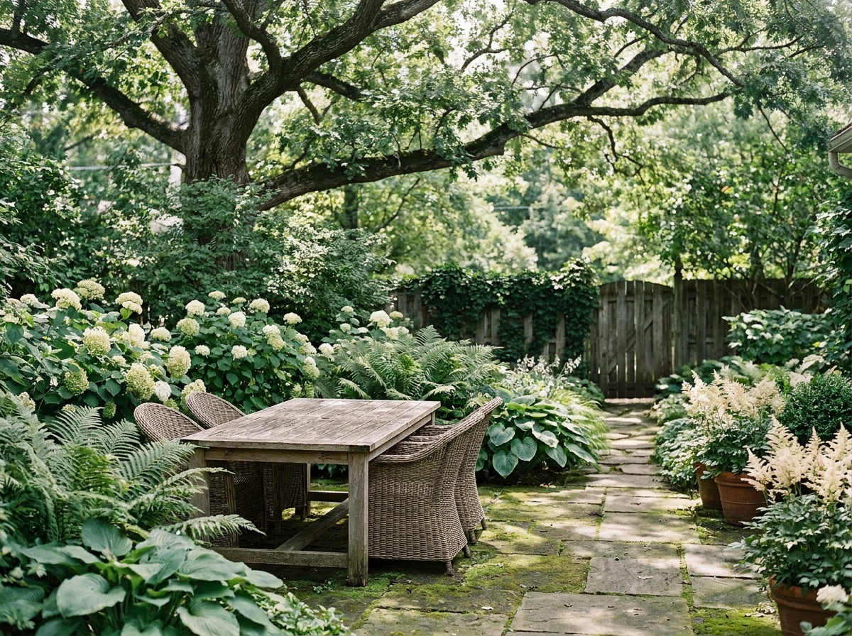 Terrasse ombragée aménagée avec mobilier en teck et plantes de sous-bois comme fougères et hortensias blancs dans un jardin peu ensoleillé
