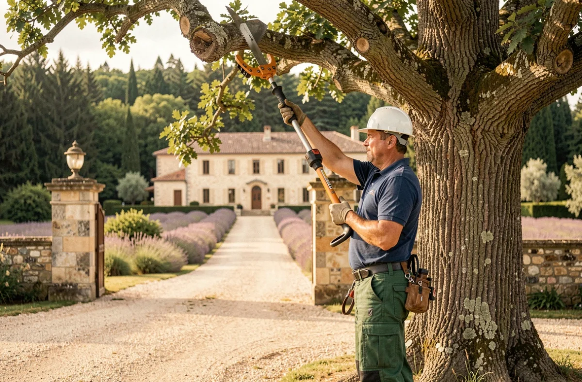 Arboriste de Thom Elagage élagant un grand chêne sur une propriété privée dans le Vaucluse