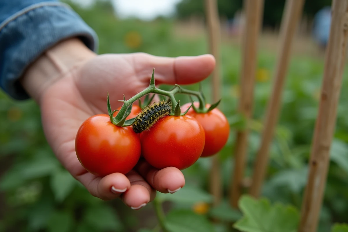 Tomates avec chenilles et main pointant vers les pests