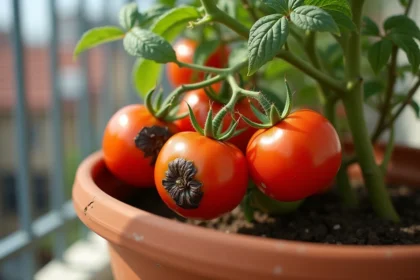 Plant de tomates en pot sur balcon urbain avec taches noires de nécrose apicale sur les fruits mûrs