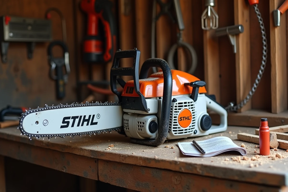 Tronçonneuse STIHL MS 211 posée sur un établi en bois avec huile de chaîne et notice technique dans un atelier rustique