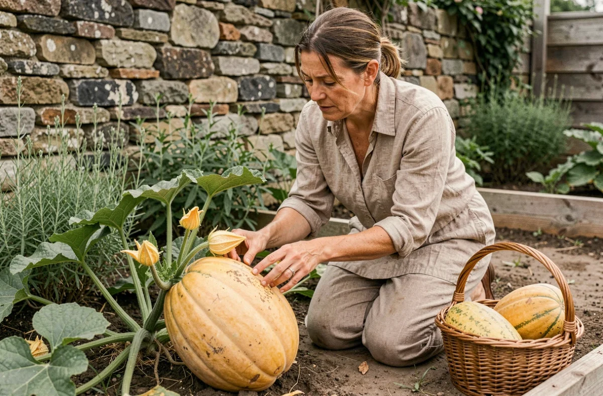 Jardinière expérimentée vérifiant la maturité d'un melon sur pied en pressant l'extrémité florale dans son potager surélevé