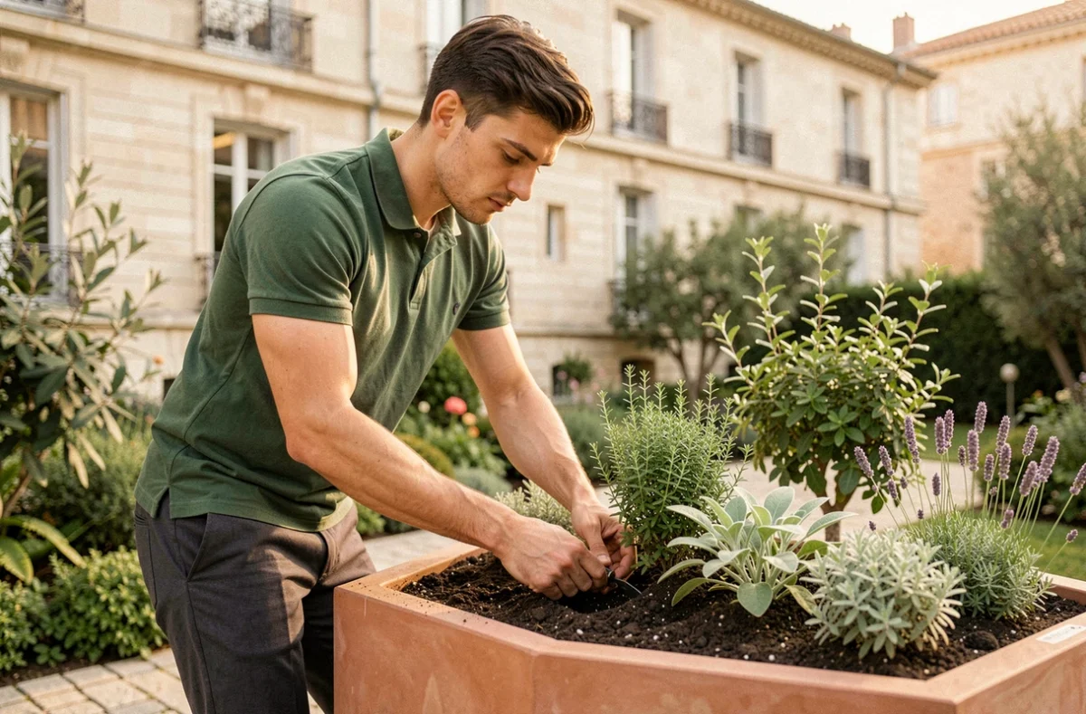 Paysagiste de Vert Tige installant des plantes aromatiques méditerranéennes dans un jardin contemporain à Aix-en-Provence