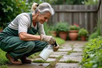 Femme utilisant du vinaigre blanc pour désherber les joints d'un chemin de jardin en pierre